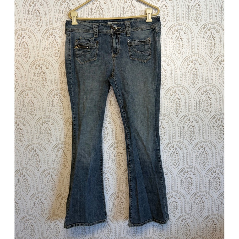SOWear It Declare It Womens Blue Flare Jeans Medium Wash Utility Pockets Size 15